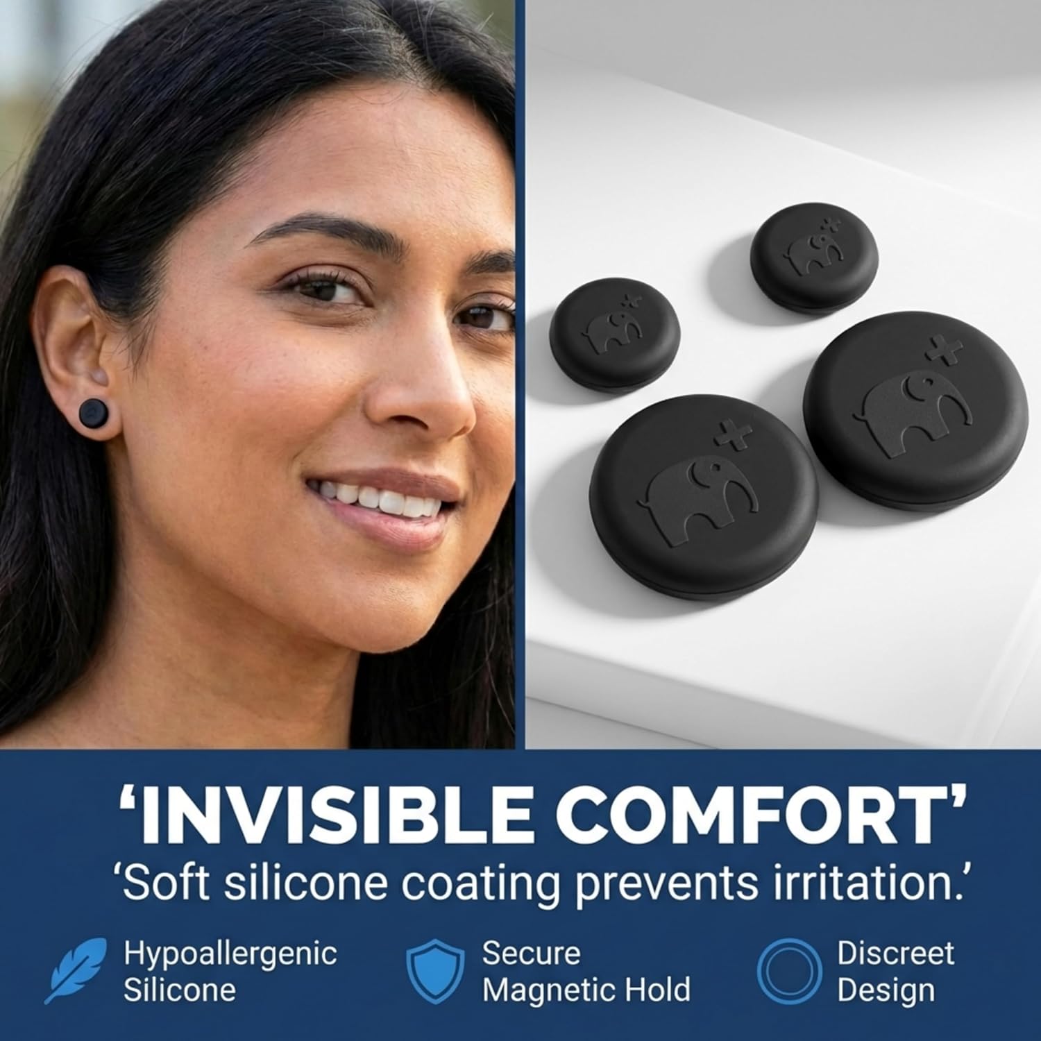 A woman wearing a disc, beside four silicone-coated magnets