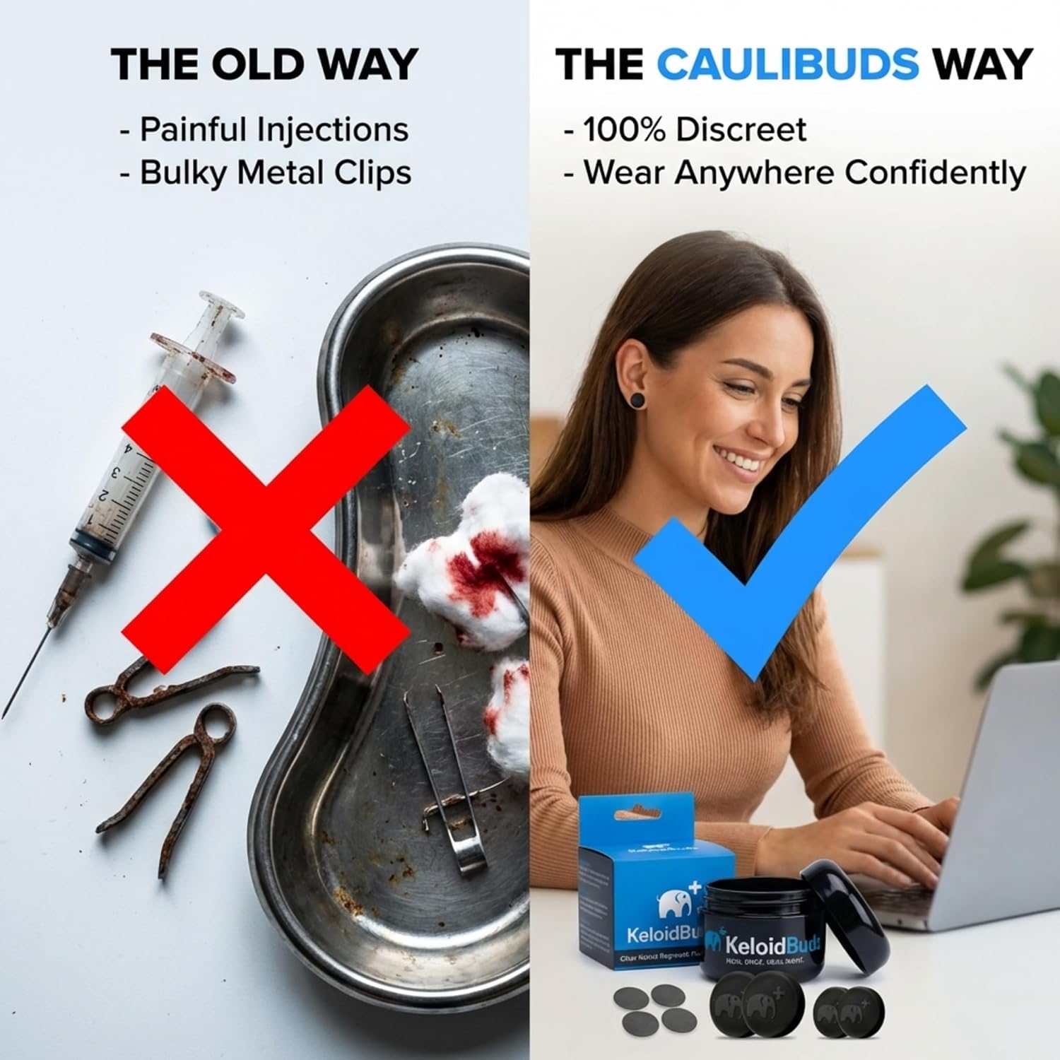 Clinical equipment on one side, a woman wearing the product on the other