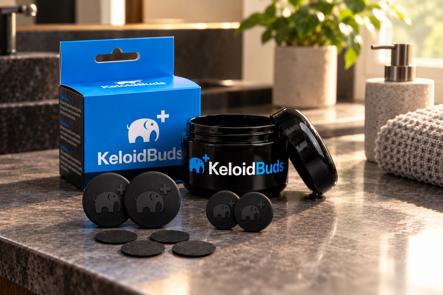The Keloid Buds kit on a bathroom counter in morning light: the box, the open storage jar with its lid, two large discs, two small discs and four comfort pads